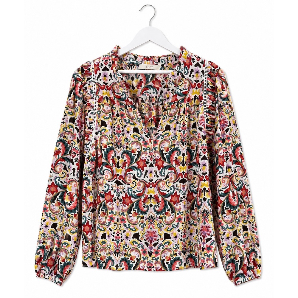 Loft Womens XL Paisley Floral Split Neck Blouse‎ Ruffle Trim Long Sleeve Top